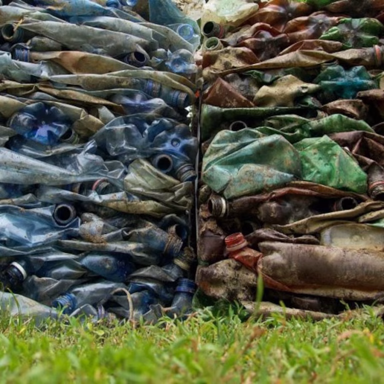 Piles of squashed water bottles