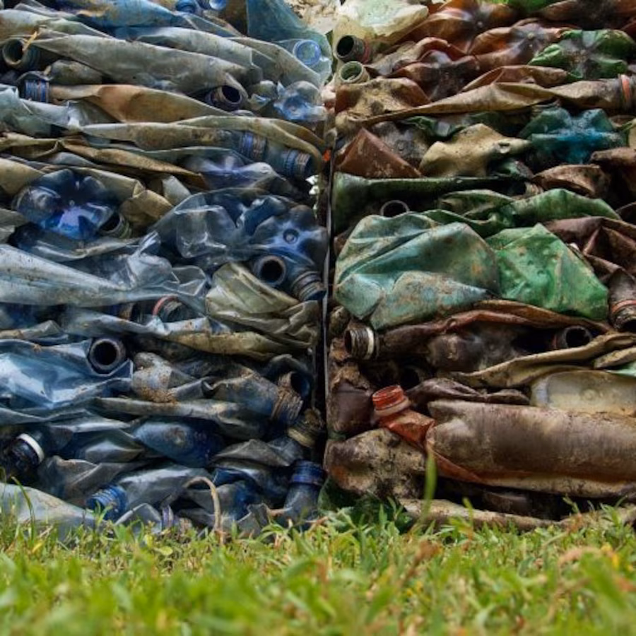 Piles of squashed water bottles