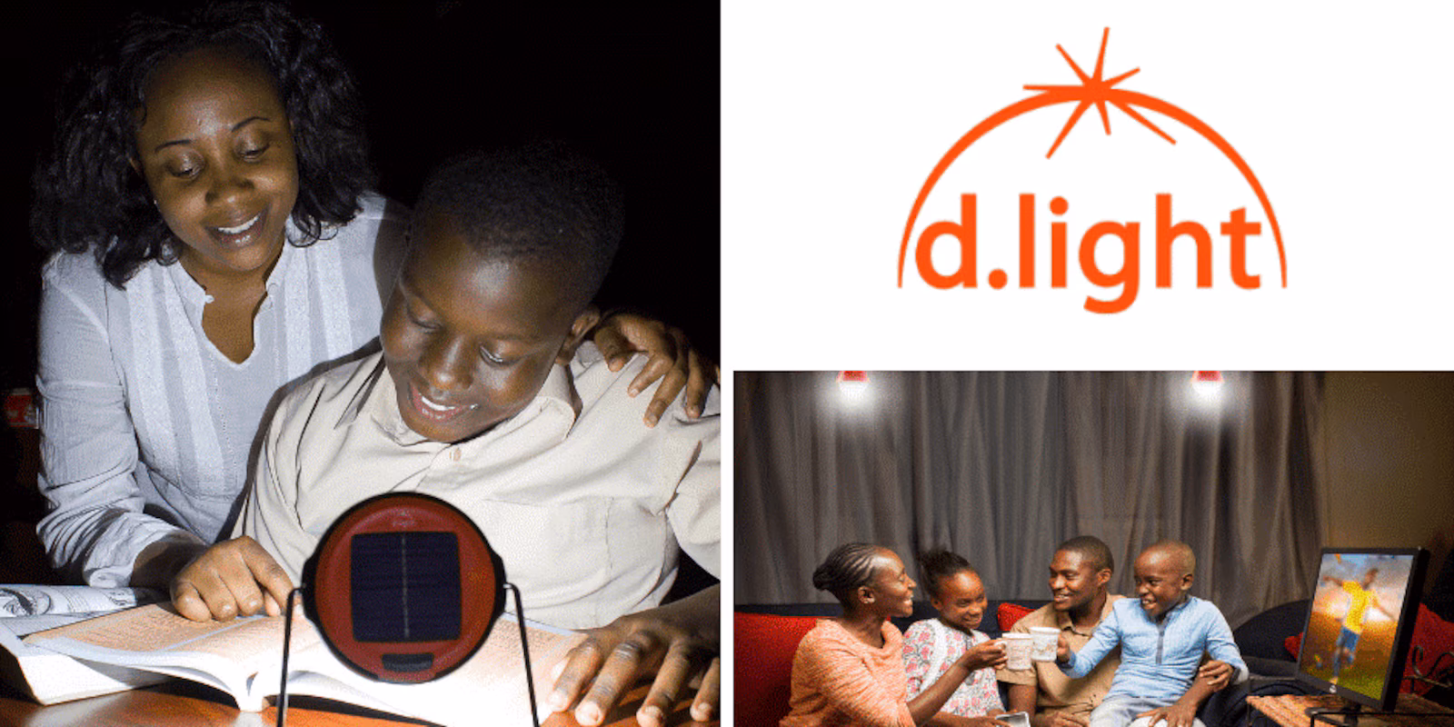 Montage of d.light logo, boy working under light and family sitting in living room with d.lights